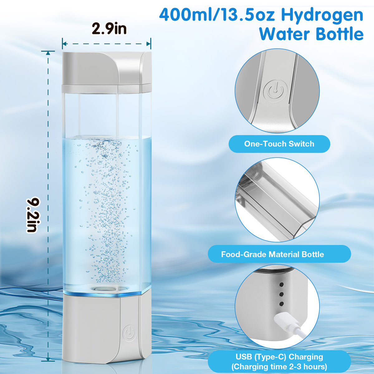 Hydrogen Health Water Bottle, Best Hydrogen Water Bottle 400ml with Gas Inhaler Molecular H2 Maker Machine SPE/PEM Technology