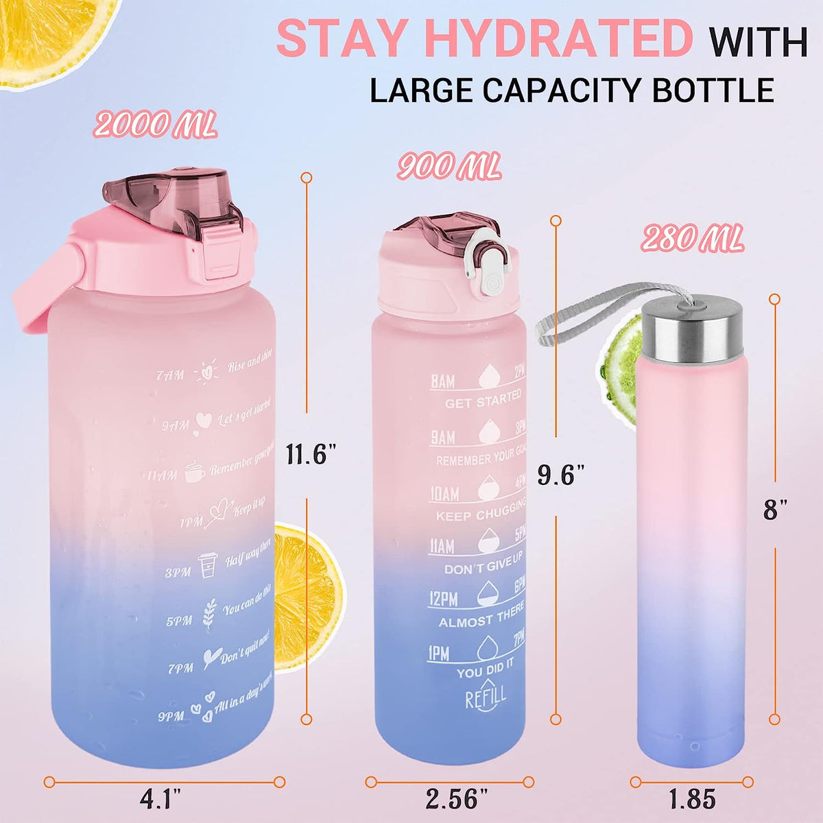 Motivational Water Bottles With Time Marker, 64oz & 32oz& 10oz Sport Water Bottle with Straw (Pink)