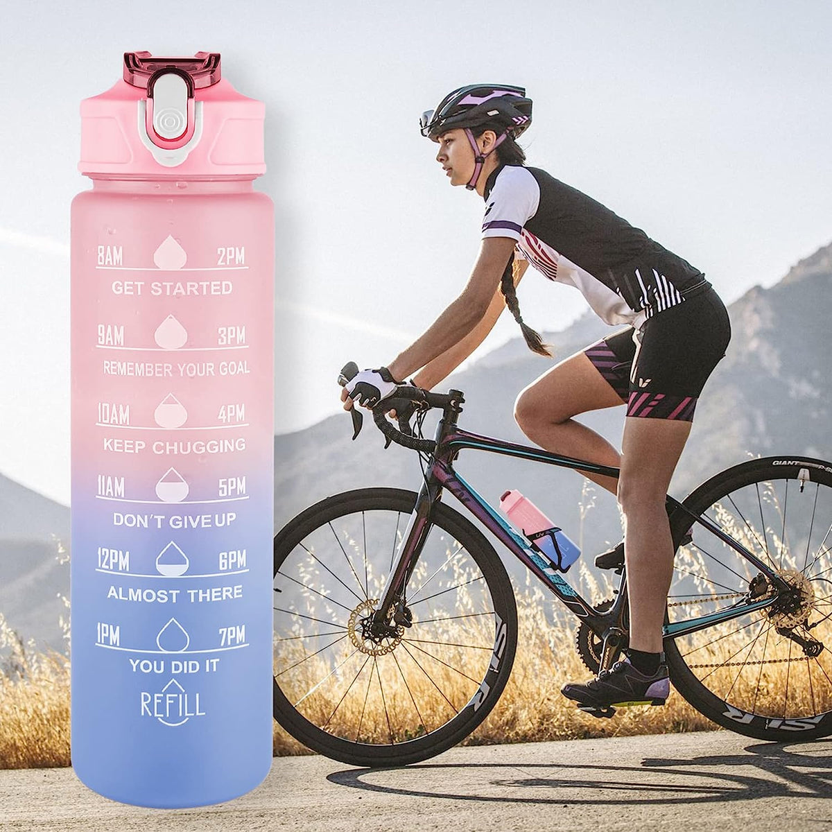 Motivational Water Bottles With Time Marker, 64oz & 32oz& 10oz Sport Water Bottle with Straw (Pink)