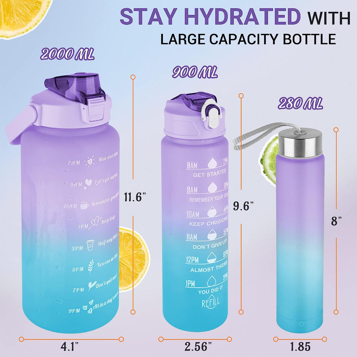 Motivational Water Bottles With Time Marker, 64oz & 32oz& 10oz Sport Water Bottle with Straw (Purple)