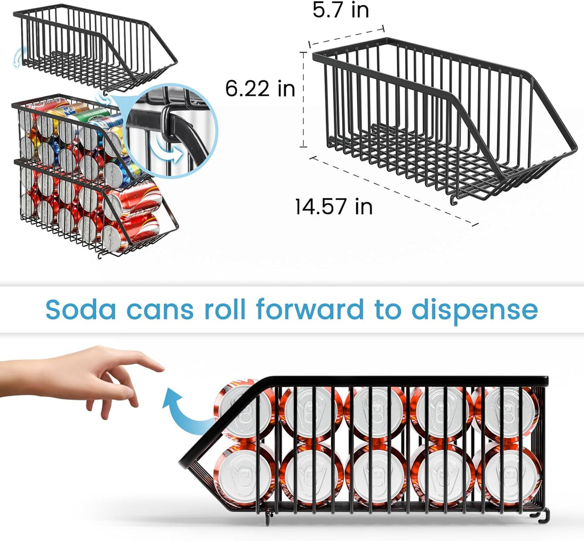 Stacking Can Dispensers Refrigerator Organizer Bins Pop Soda Organizer Dispenser Canned For Fridge, Freezer, Kitchen, Cabinets (Black, 4)
