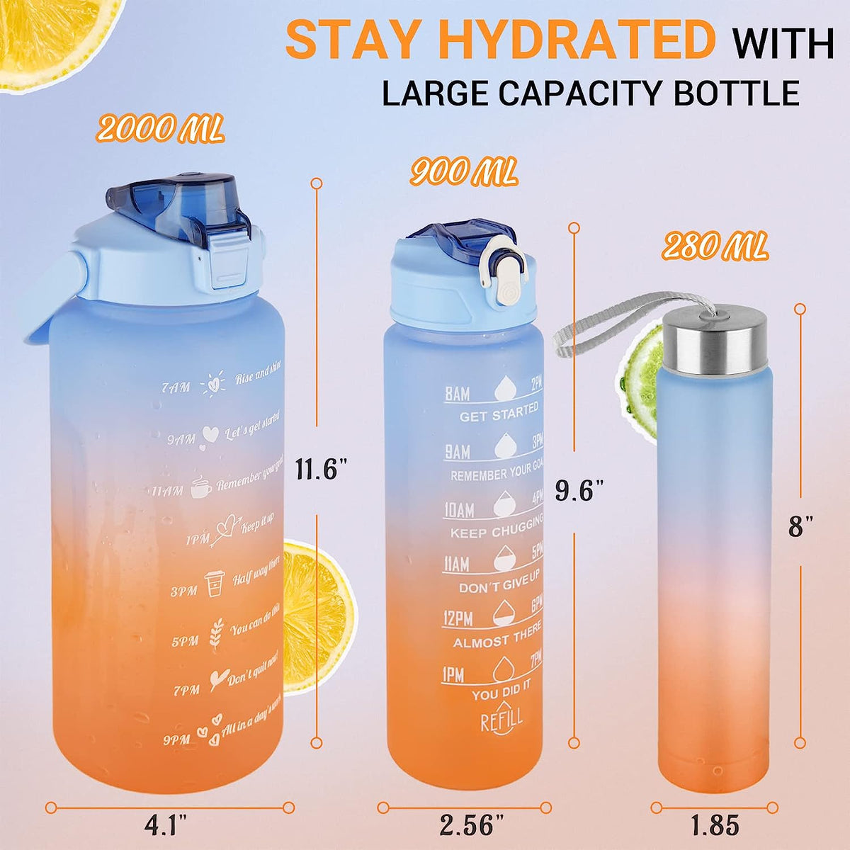 Motivational Water Bottles With Time Marker, 64oz & 32oz& 10oz Sport Water Bottle with Straw (Blue)