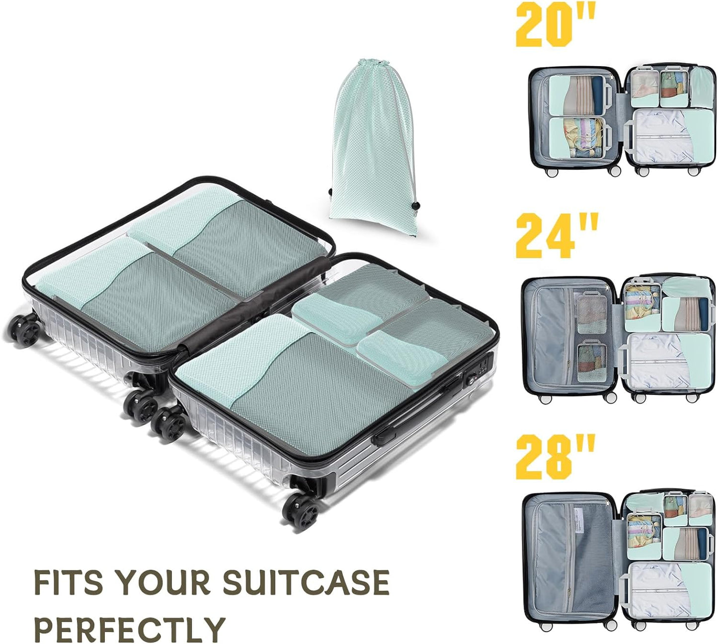 Compression Packing Cubes 6/8 Set, Dual Zipper Compression Packing Cubes for Travel, See-Through Mesh Packing Bags for Suitcases, packing cubes with shoe bag