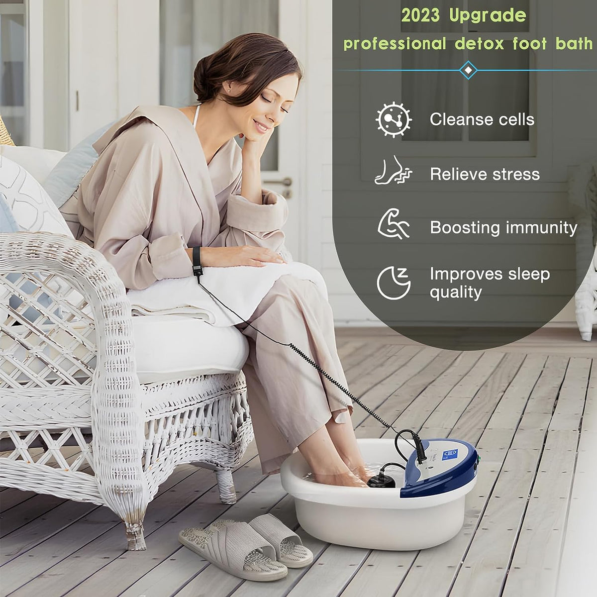 WL-801A Dark Blue Ionic Foot Bath Detox Machine, Foot Detox Spa with Slipper, Wrist Strap, 2 Arrays, 10 Liners | Home Use, Beauty Foot Salon