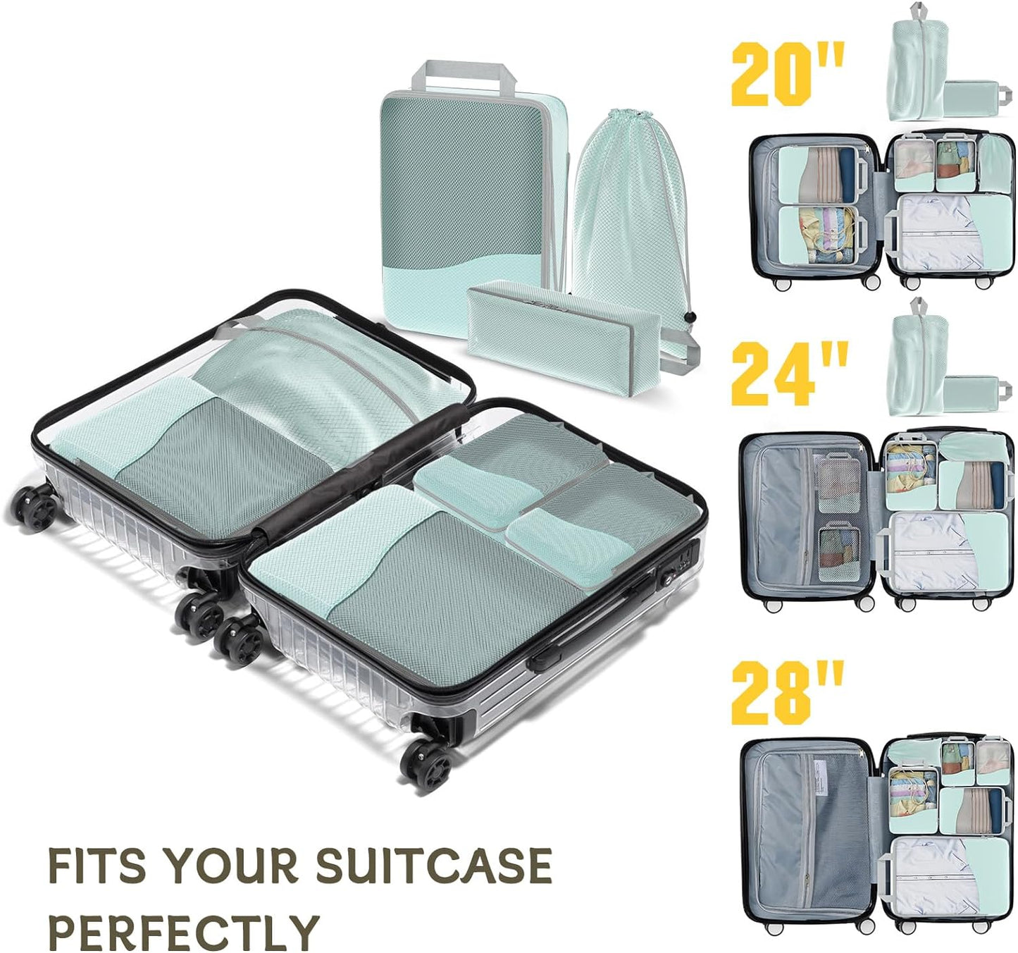 Compression Packing Cubes 6/8 Set, Dual Zipper Compression Packing Cubes for Travel, See-Through Mesh Packing Bags for Suitcases, packing cubes with shoe bag