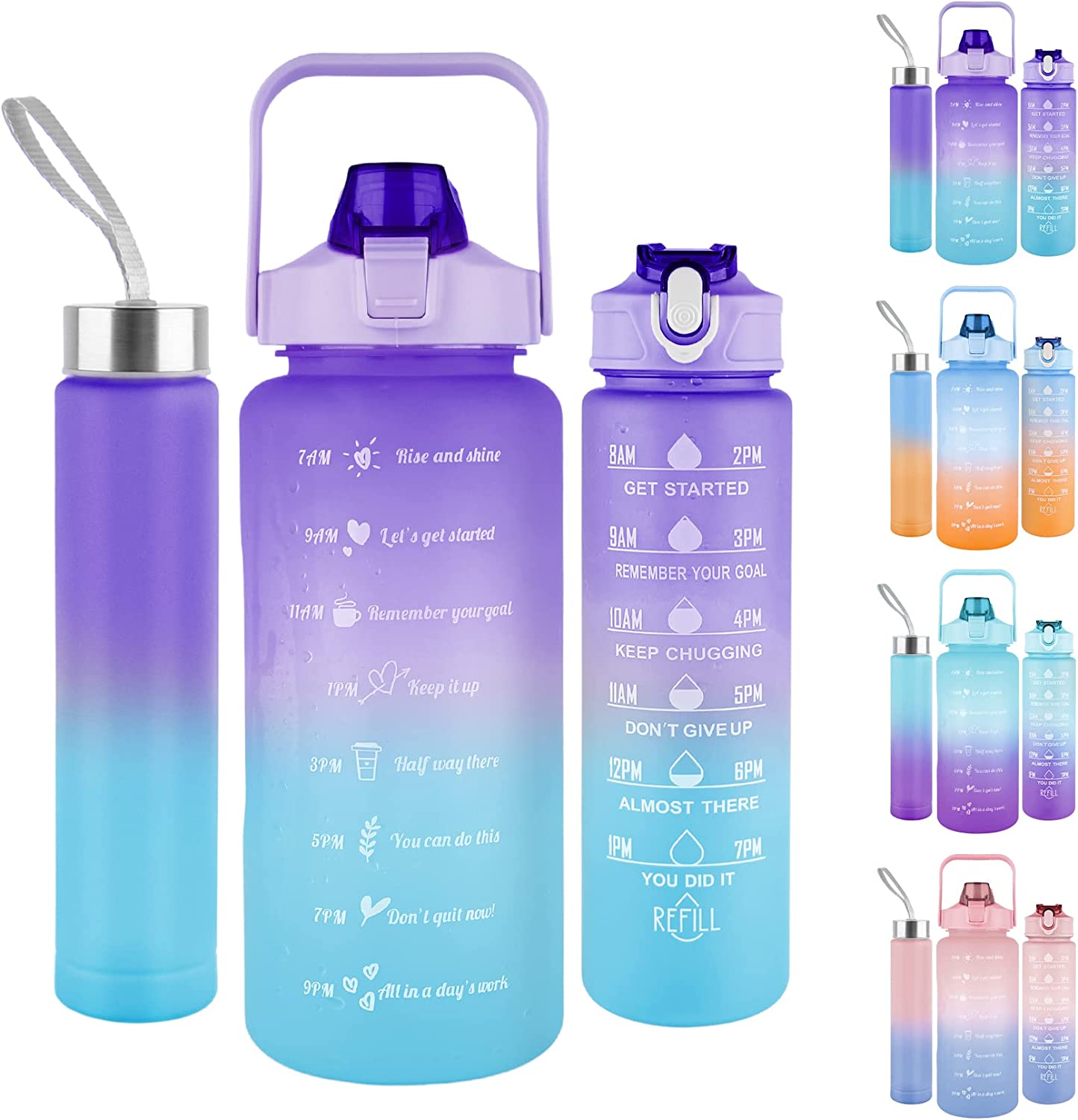 Motivational Water Bottles With Time Marker, 64oz & 32oz& 10oz Sport Water Bottle with Straw (Purple)
