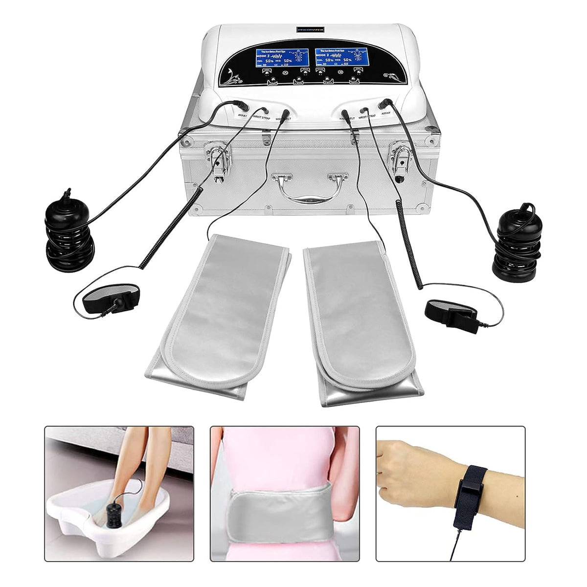 Professional Foot Detox Machine, Ionic Ion Detox Foot Bath Spa Cleanse Detoxification Machine with 2 Waist Belts, 2 Arrays, 10 Liners and Aluminum Box