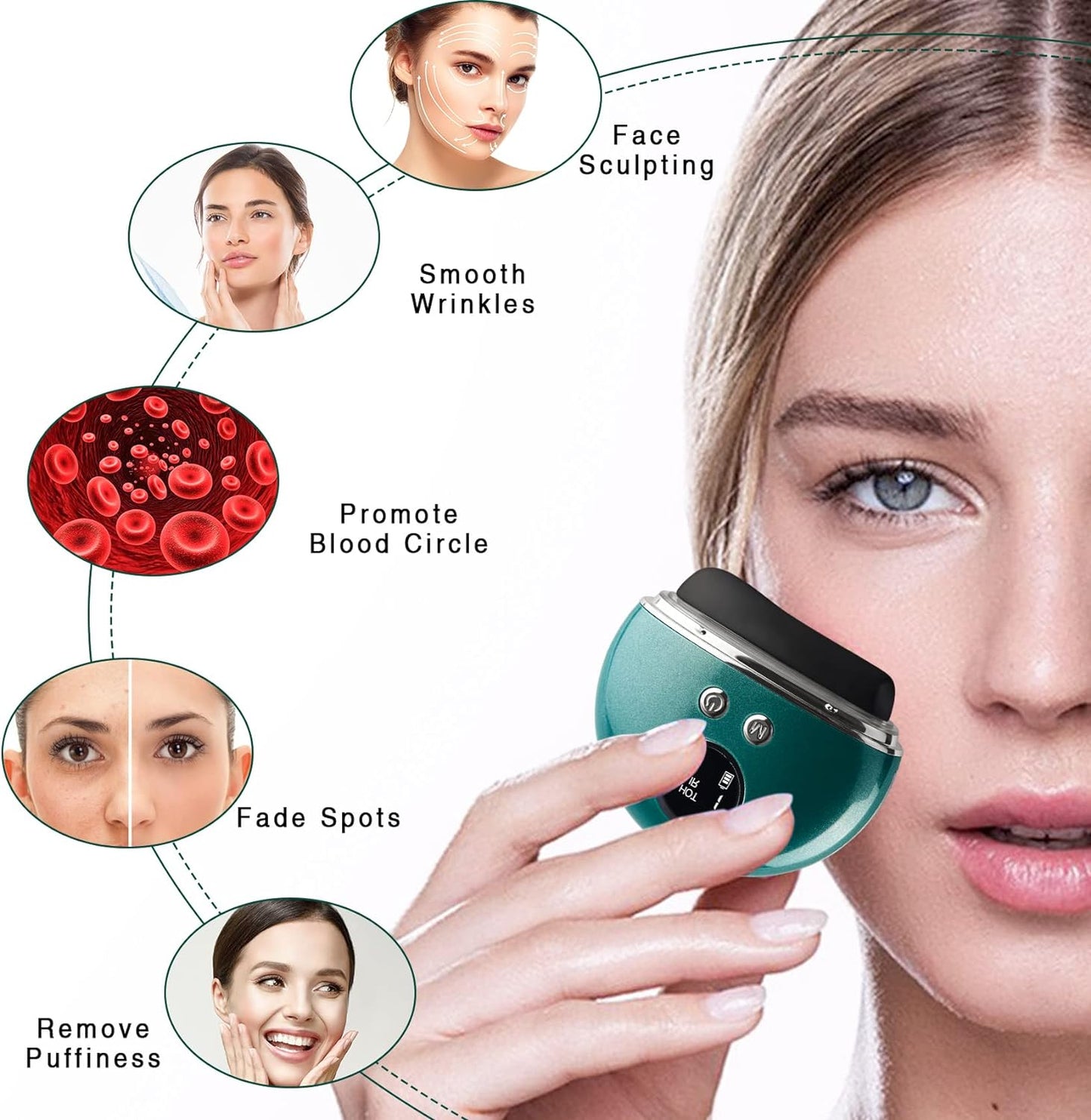 Gua Sha Facial Tools, Multifunction Face Lift Device Gua sha Massage Tool for Face with Heating & Vibration, Face Massage for Anti-Aging, Puffiness (Green-Stone)