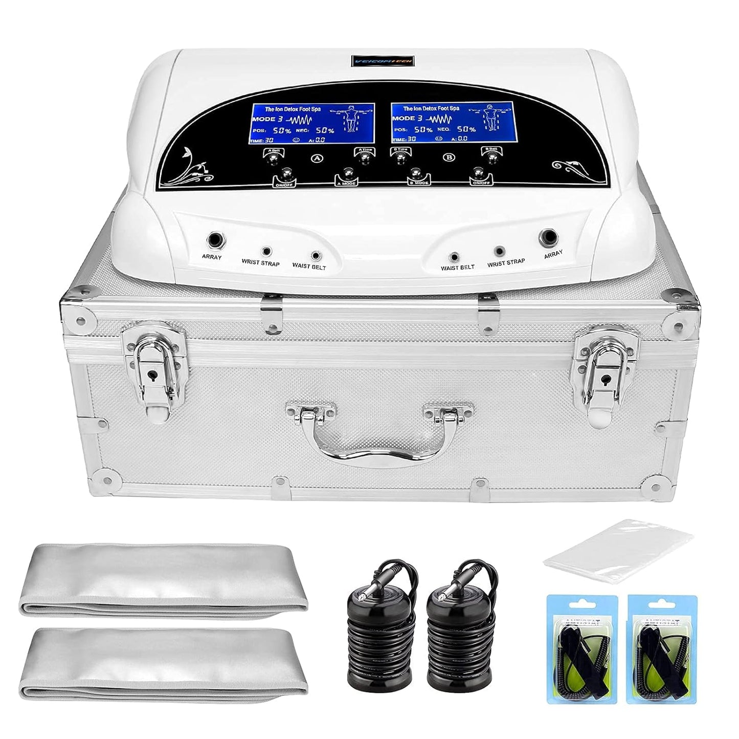Professional Foot Detox Machine, Ionic Ion Detox Foot Bath Spa Cleanse Detoxification Machine with 2 Waist Belts, 2 Arrays, 10 Liners and Aluminum Box