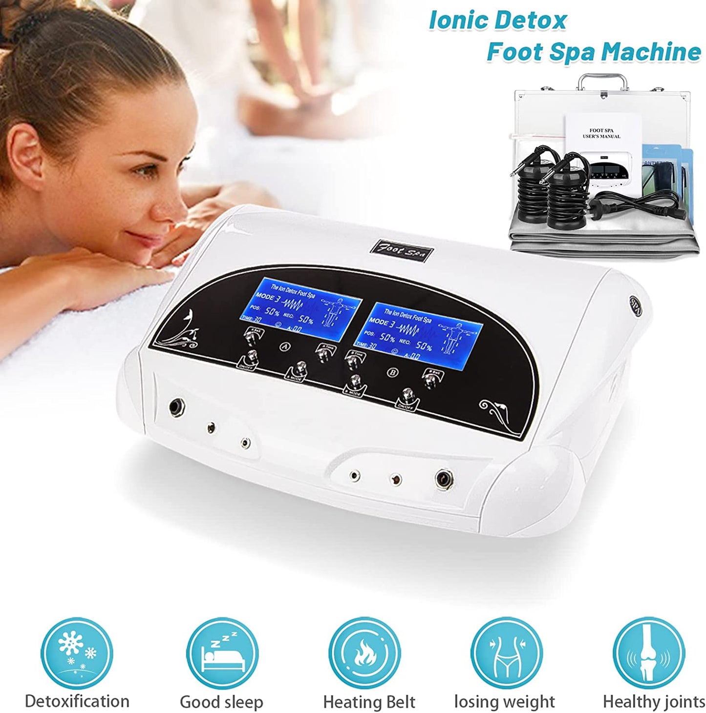 Professional Foot Detox Machine, Ionic Ion Detox Foot Bath Spa Cleanse Detoxification Machine with 2 Waist Belts, 2 Arrays, 10 Liners and Aluminum Box