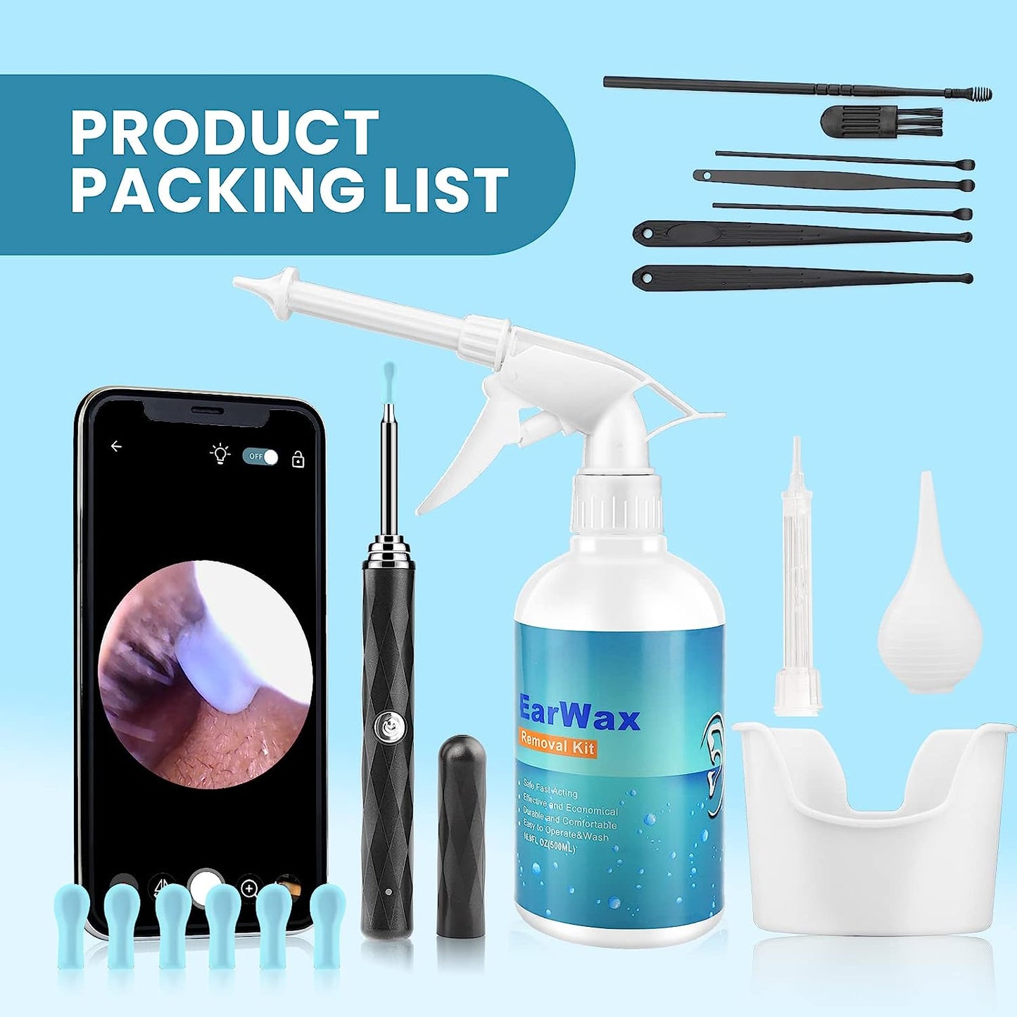 HD Visible Battery Powered Ear Wax Removal Kit, IP67 1080P Camera 6 LED Lights, Ear Irrigation Flushing System with Basin