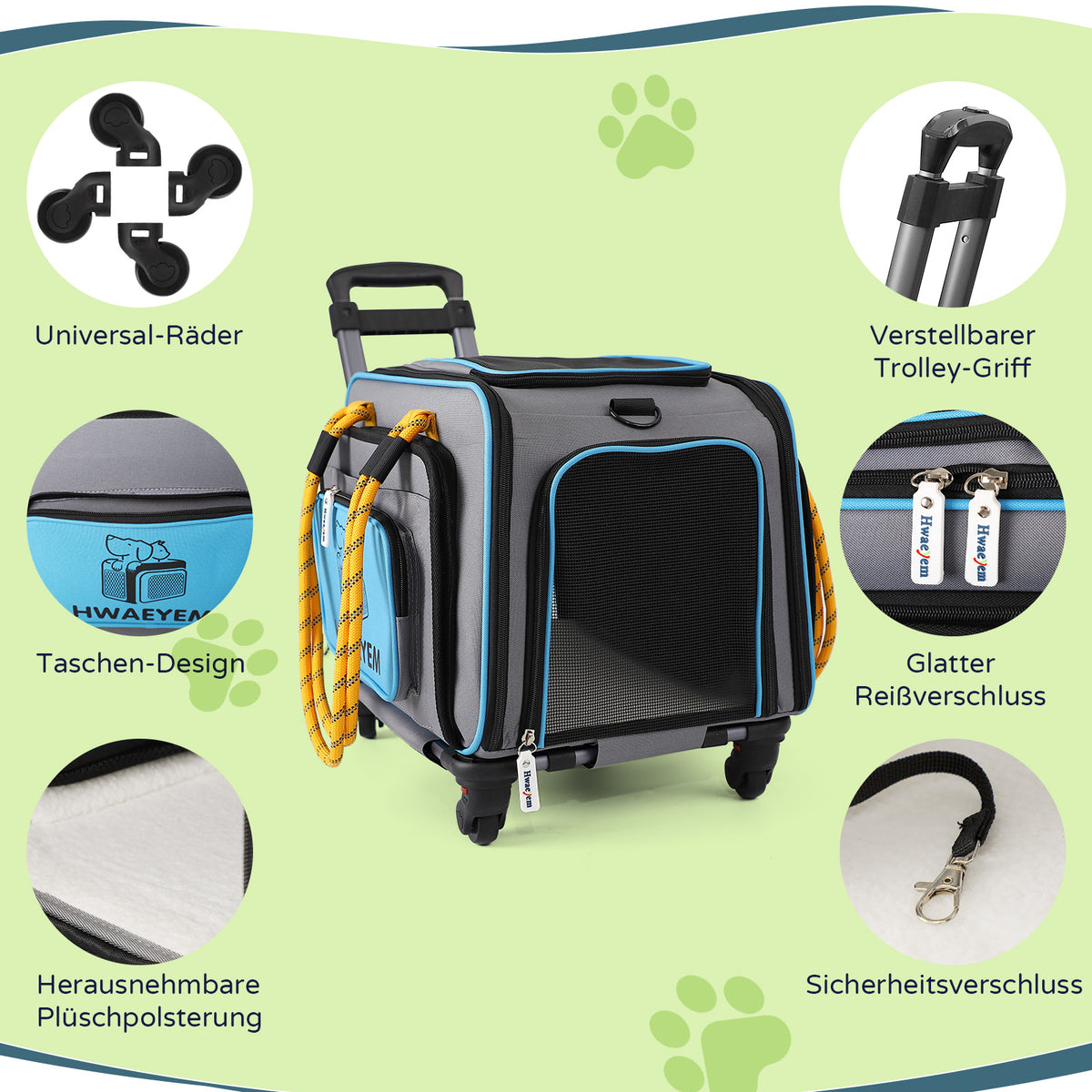 Transportbox Katze Hund Katzentransportbox Hundebox Transporttasche mit Teleskopgriff Rädern Kleine und Mittelgroße Kleintiere Abnehmbare Räder Fluggesellschaften Zugelassen