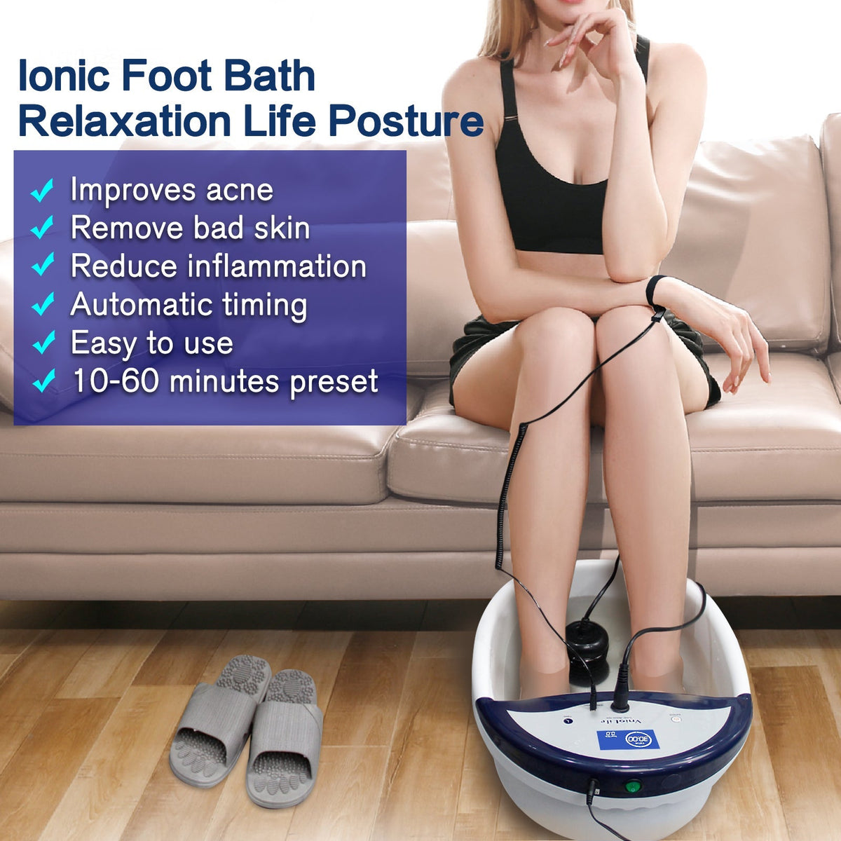 WL-801A Dark Blue Ionic Foot Bath Detox Machine, Foot Detox Spa with Slipper, Wrist Strap, 2 Arrays, 10 Liners | Home Use, Beauty Foot Salon