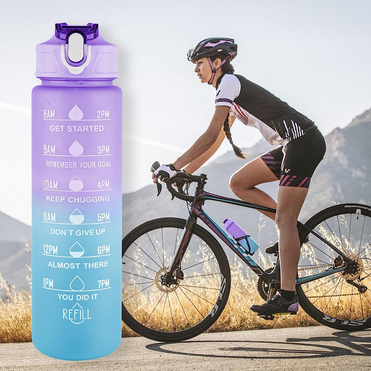 Motivational Water Bottles With Time Marker, 64oz & 32oz& 10oz Sport Water Bottle with Straw (Purple)